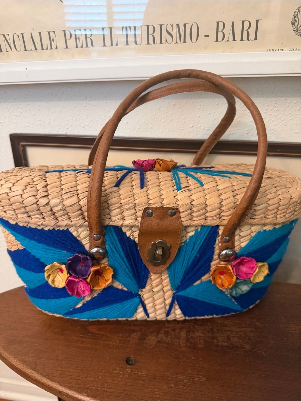 Vintage Woven Straw Tote with Blue Embroidery and Floral Accents